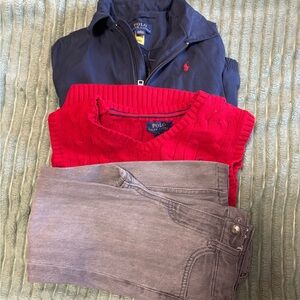 Polo by Ralph Lauren Navy Jacket, Red Sweater Vest, Gray Jeans